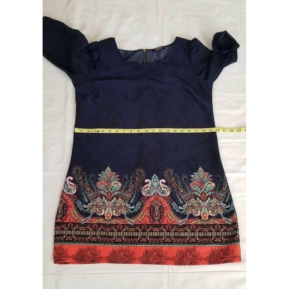 Bebop Women's Navy Blue/Multicolor 3/4 Sleeve Paisley Print Shift Dress Sz Large